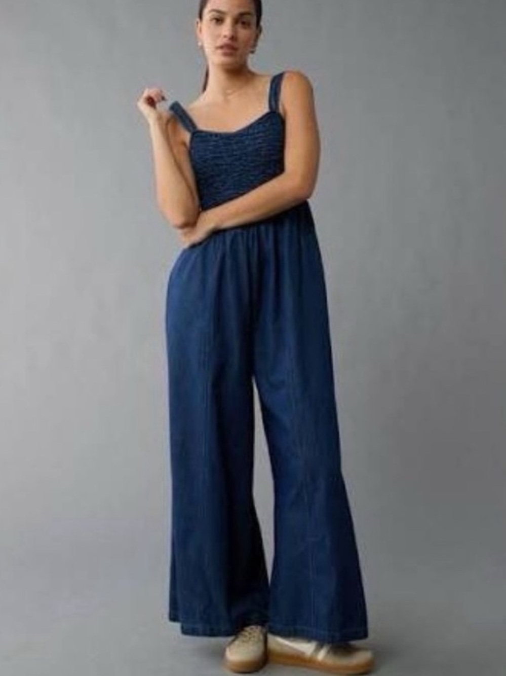 🦅 AE Chambray Denim Smocked Wide-Leg Jumpsuit in Dark Blue NWT